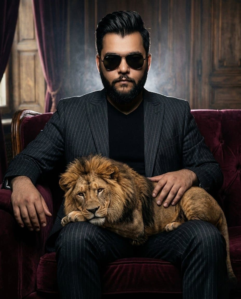 Gangster Portrait with Lion (Alt) - AI prompt example by MangoXPrompts