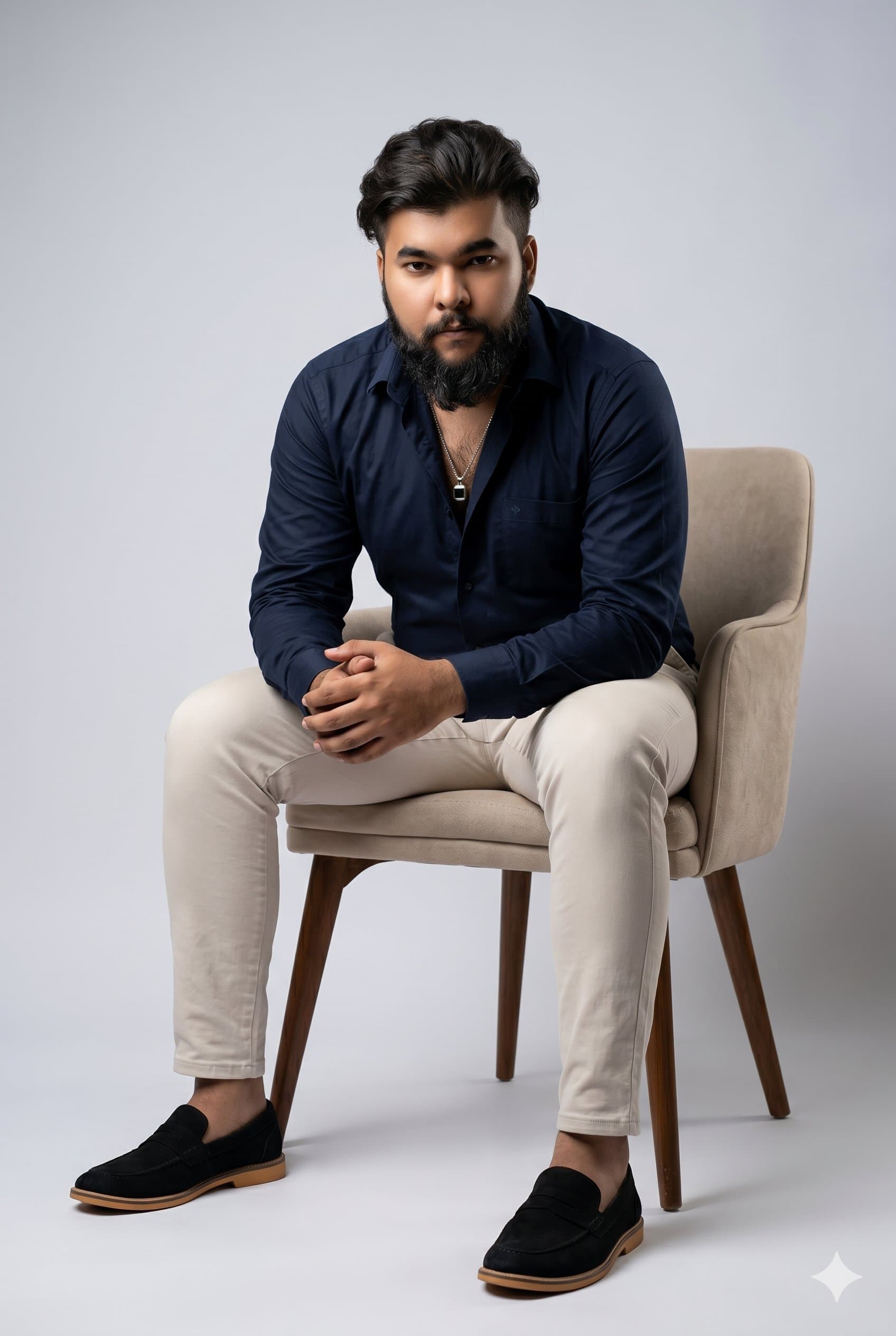 Studio Armchair Portrait (Alt) - AI prompt example by MangoXPrompts