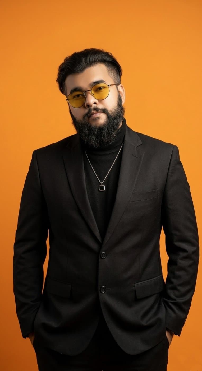 Studio Photography Orange Backdrop - AI prompt example by MangoXPrompts
