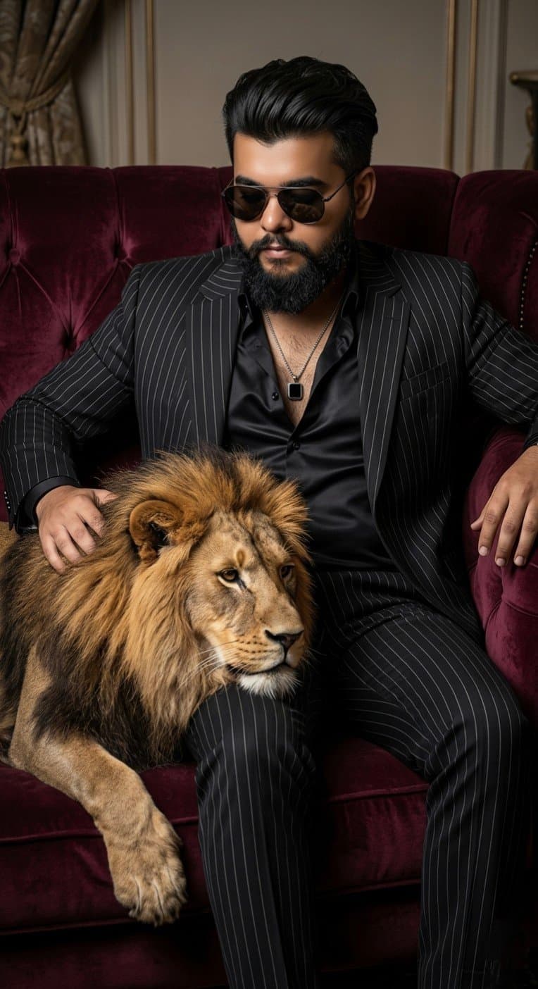 Gangster Portrait with Lion - AI prompt example by MangoXPrompts